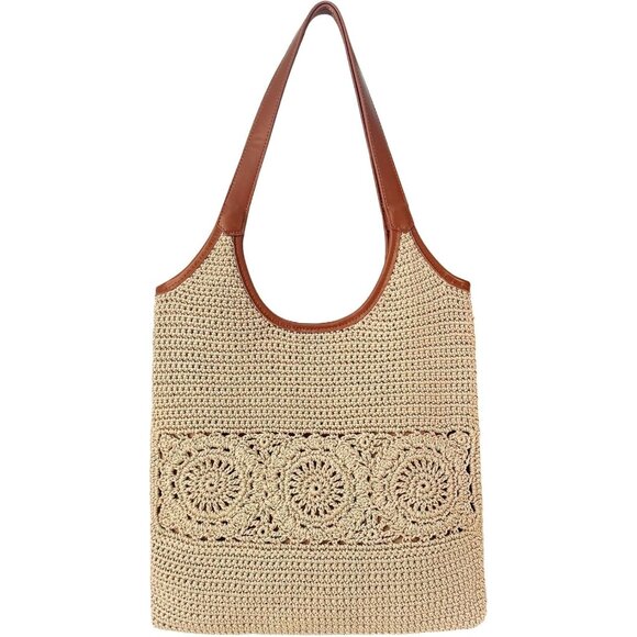 Handmade Crochet Women’s Boho Woven Tote Bag with PU Leather Straps for Fall Cas